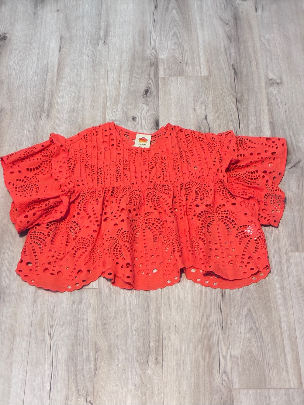 FARM Rio Red Eyelet Ruffle Blouse Small Flutter Sleeve Top - Picture 4 of 10